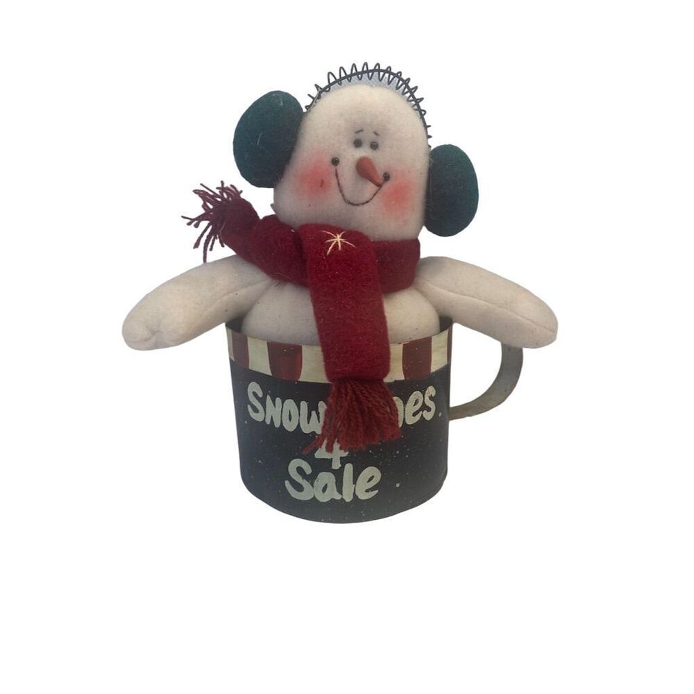 Snowman in Tin Cup Christmas Decoration Rustic Multicolor Holiday Decor
